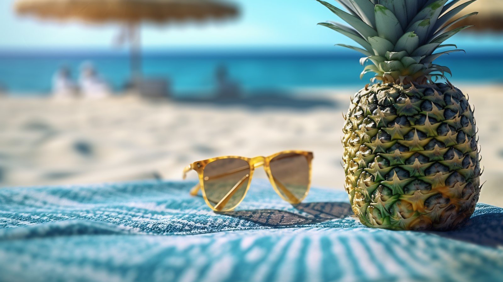 Pineapple drink in cocktail glass and sand beach scene 402