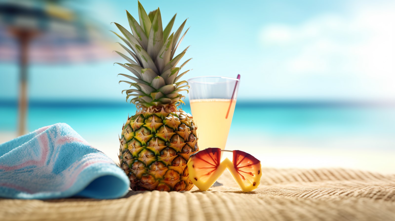 Pineapple drink in cocktail glass and sand beach scene 406