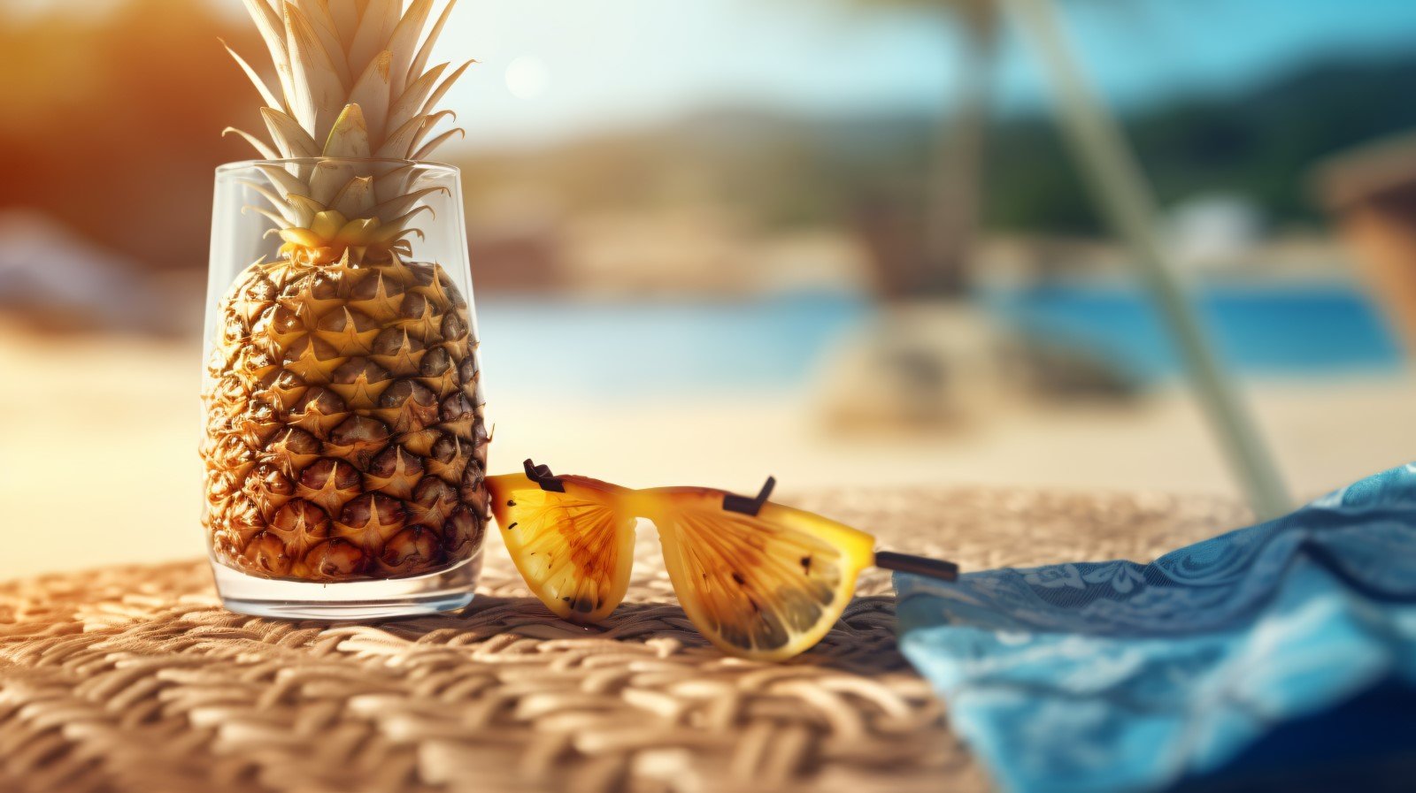 Pineapple drink in cocktail glass and sand beach scene 414