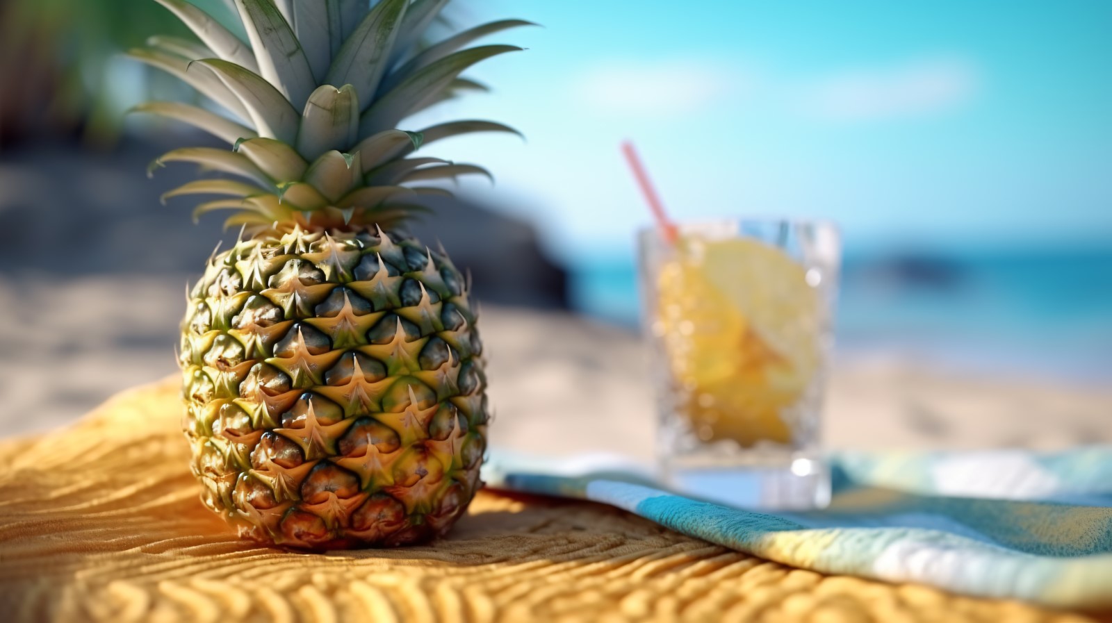 Pineapple drink in cocktail glass and sand beach scene 415