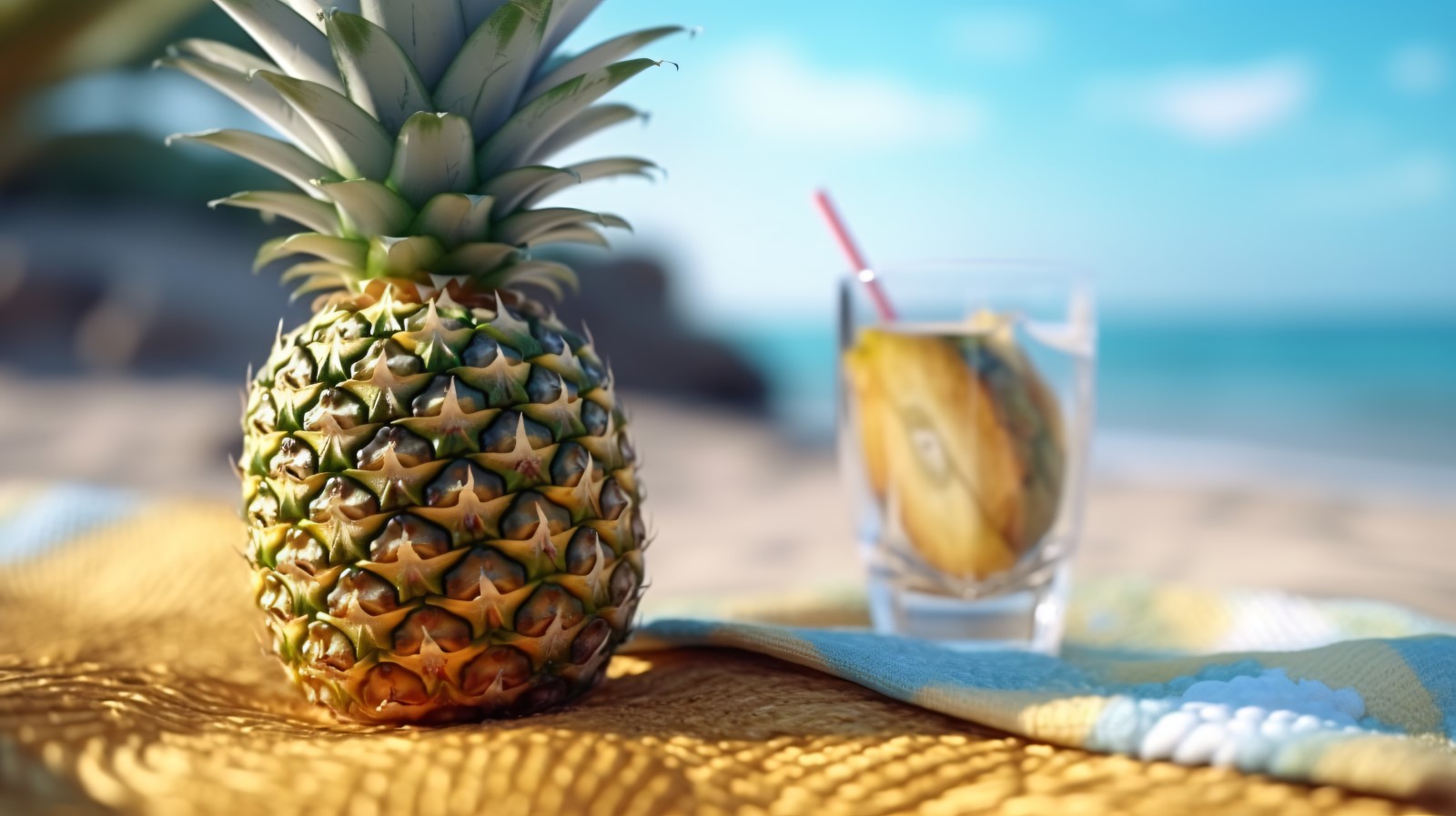 Pineapple drink in cocktail glass and sand beach scene 417