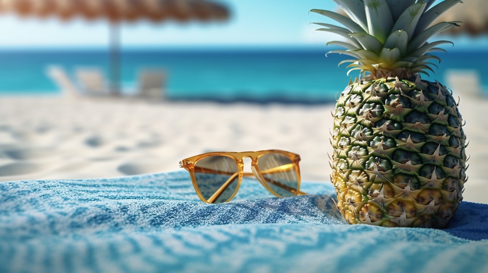 Pineapple drink in cocktail glass and sand beach scene 419