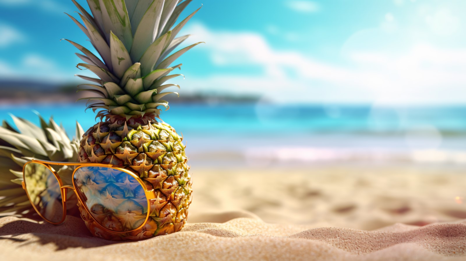 Pineapple drink in cocktail glass and sand beach scene 422