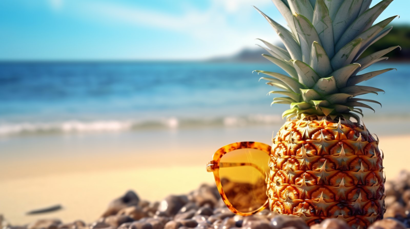 Pineapple drink in cocktail glass and sand beach scene 421