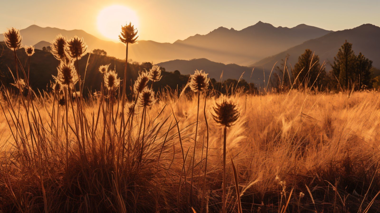 Sunny day of summer outdoor sunset behind brown dry plant 459