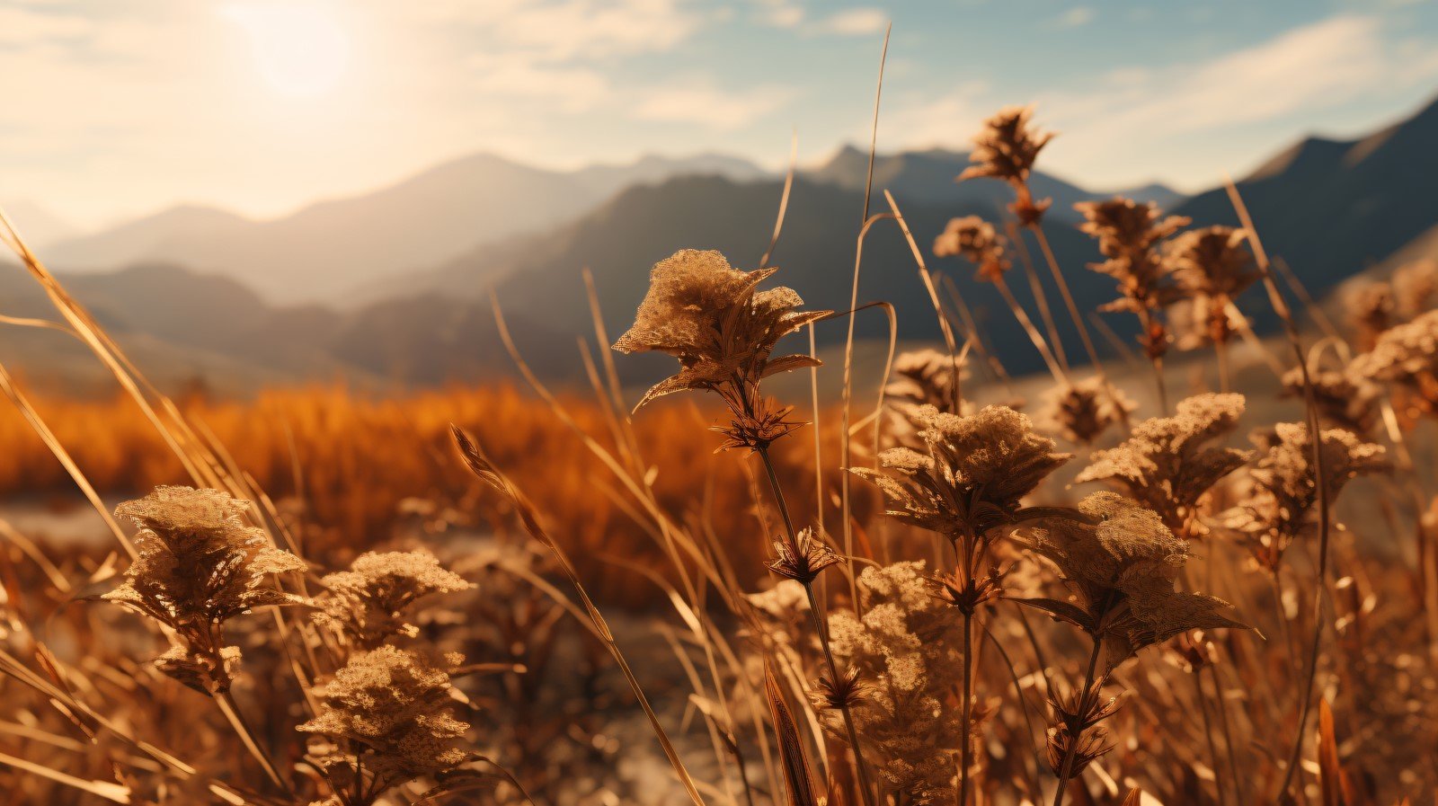 Sunny day of summer outdoor sunset behind brown dry plant 465