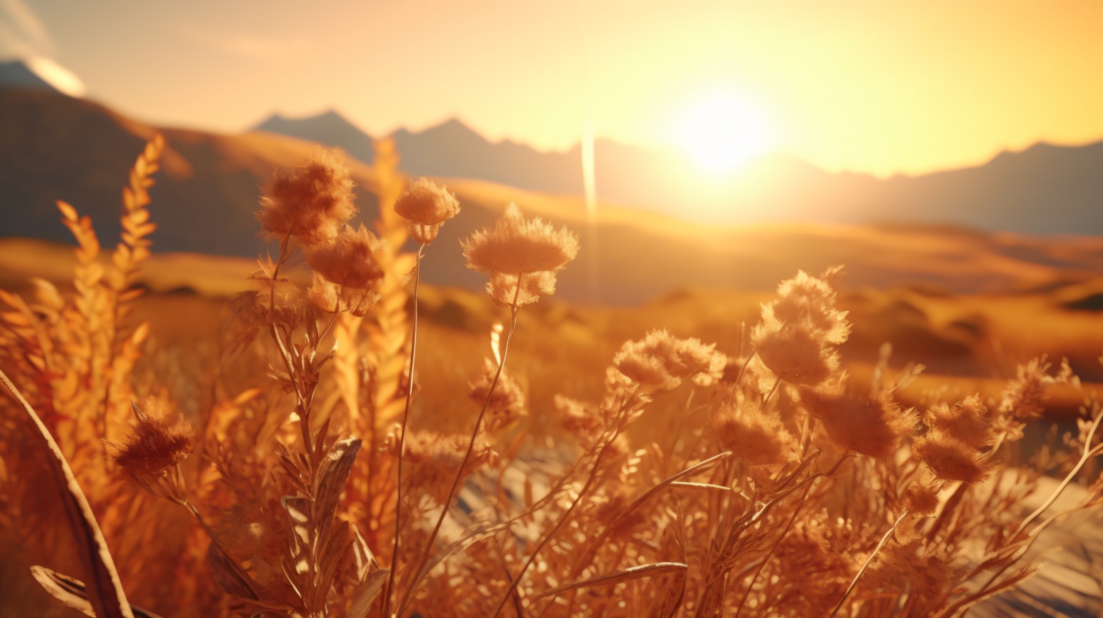 Sunny day of summer outdoor sunset behind brown dry plant 463