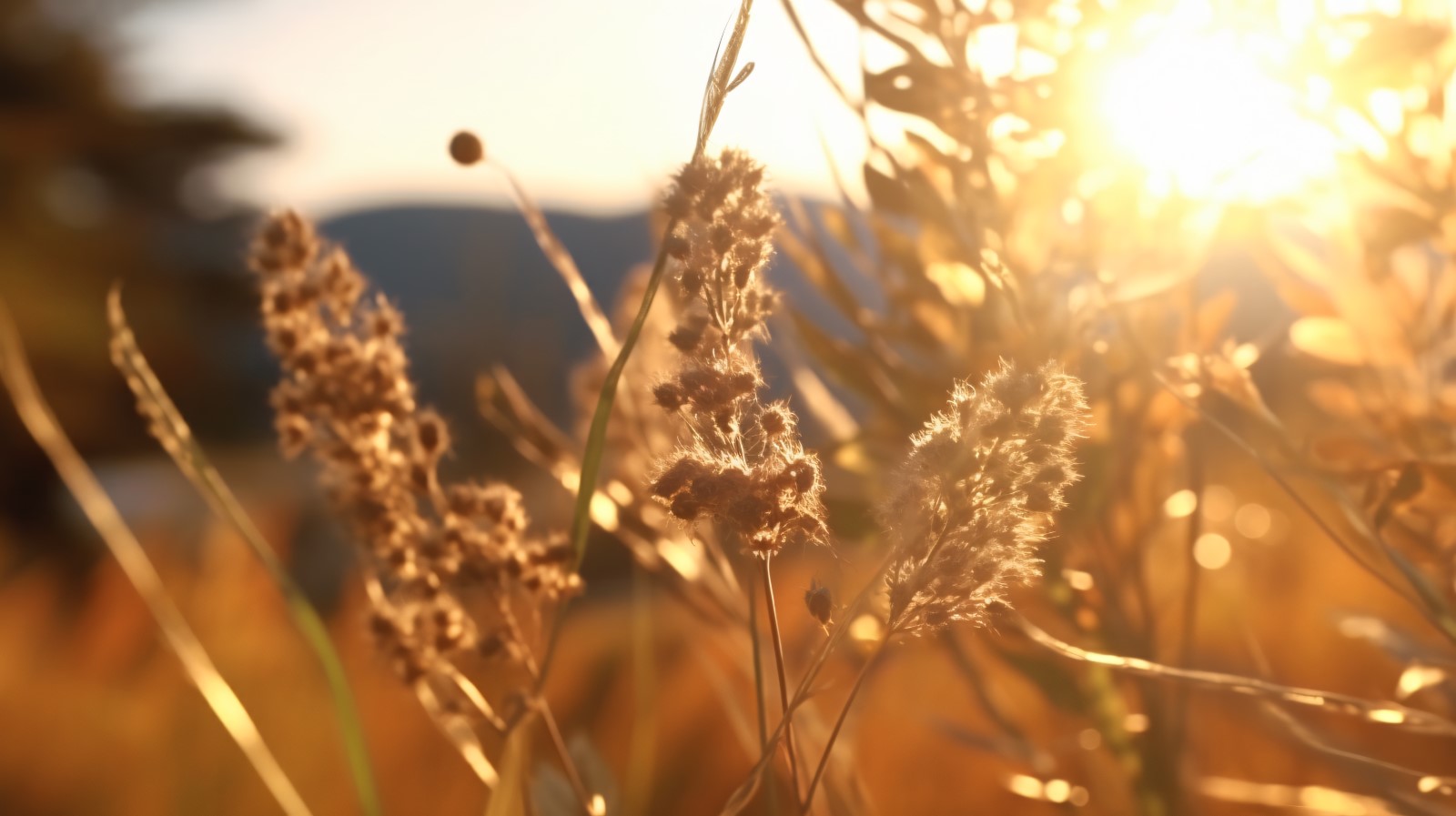 Sunny day of summer outdoor sunset behind brown dry plant 488