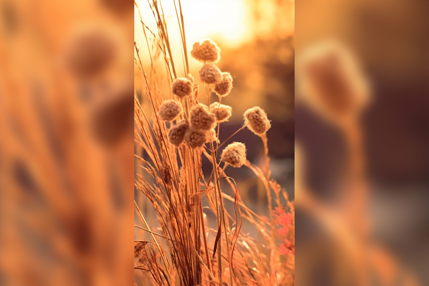 Sunny day of summer outdoor sunset behind brown dry plant 490