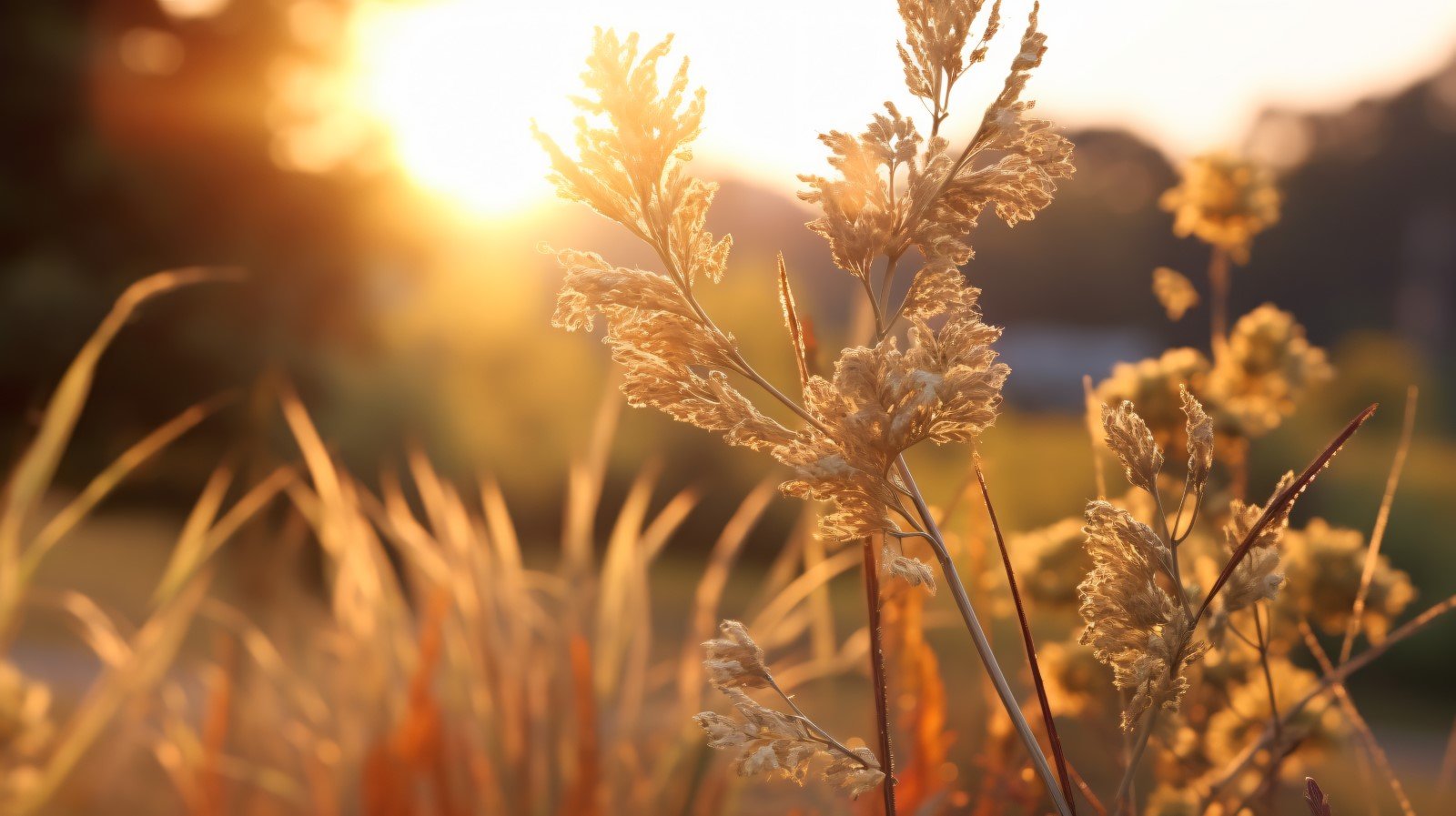 Sunny day of summer outdoor sunset behind brown dry plant 489