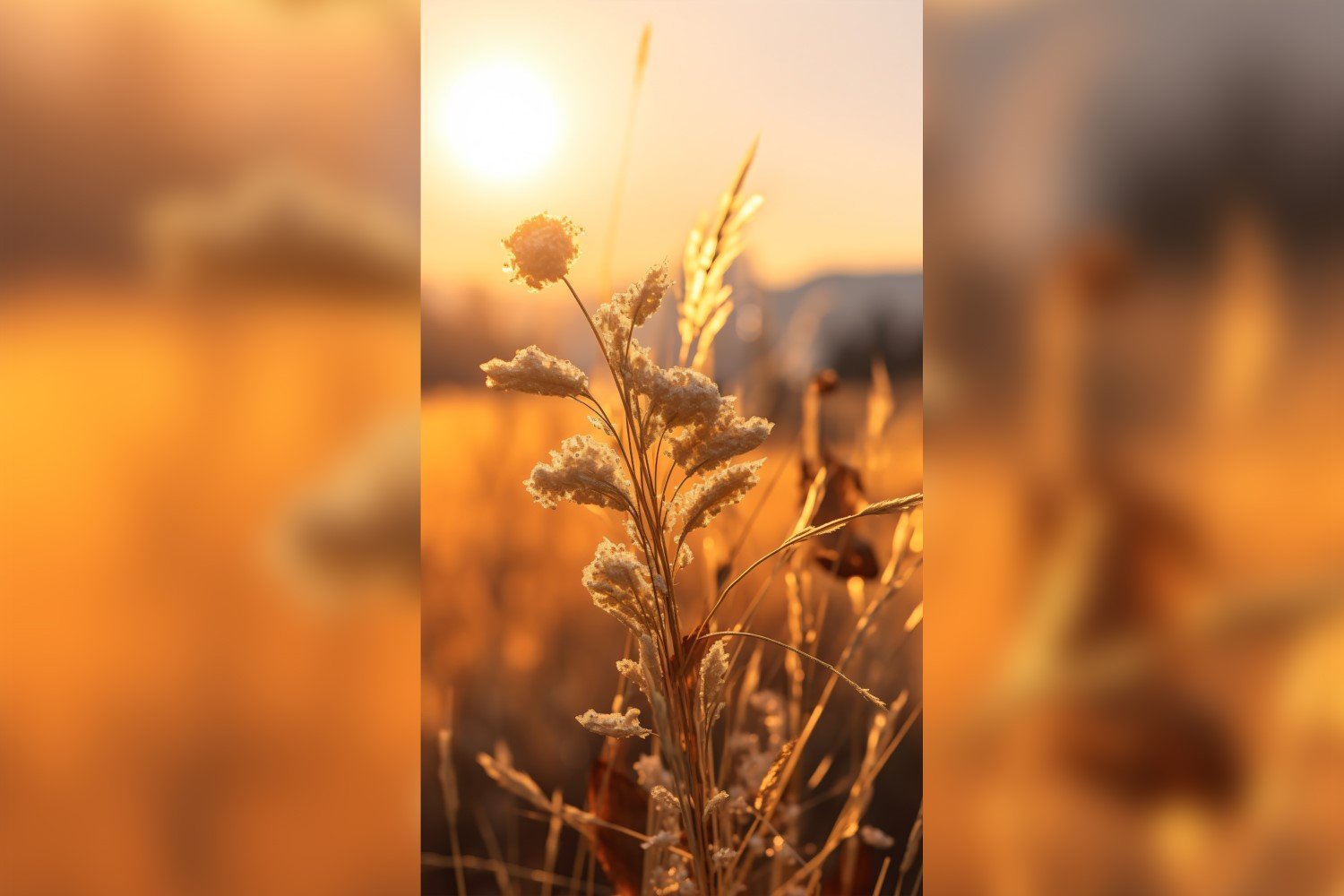 Sunny day of summer outdoor sunset behind brown dry plant 492