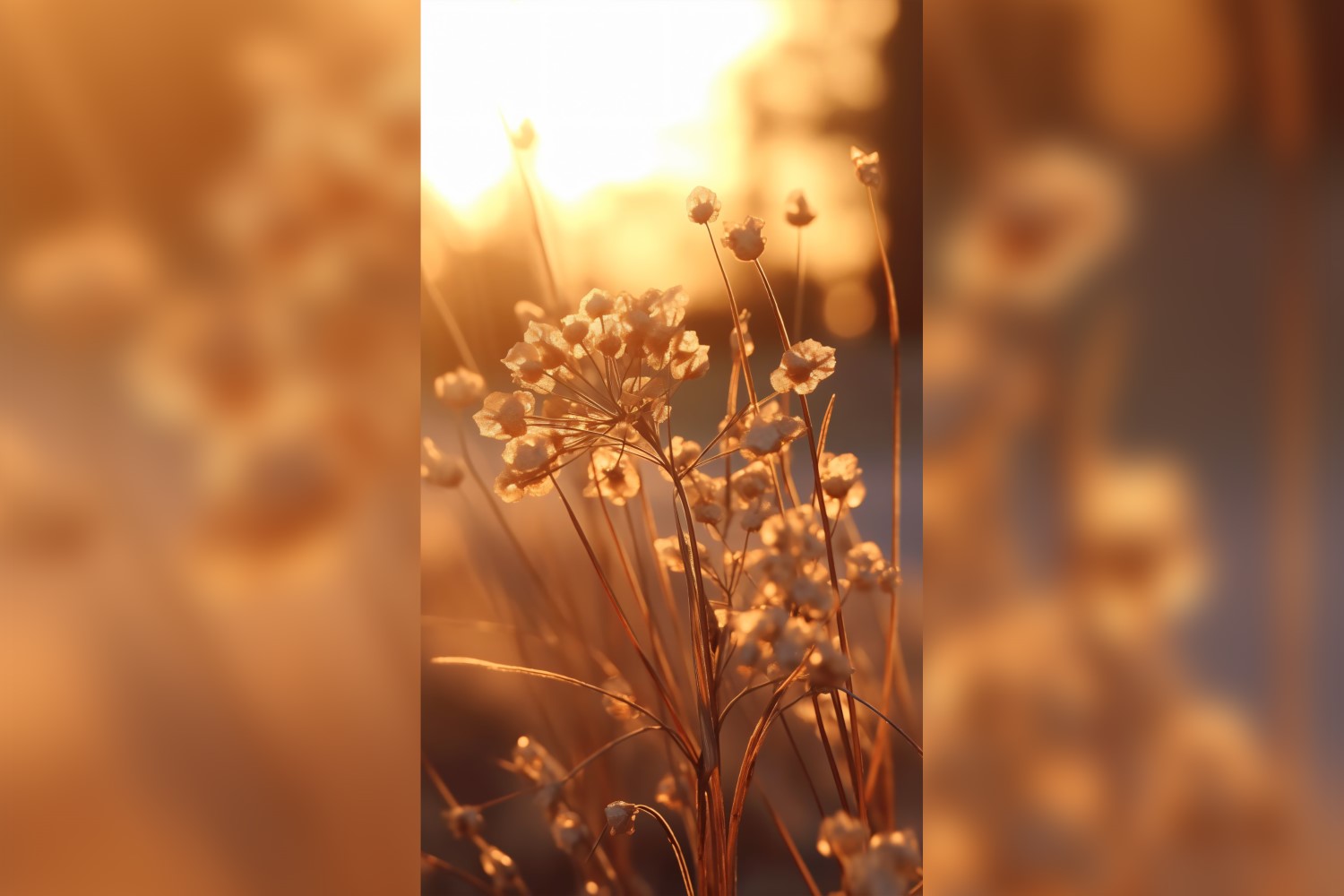 Sunny day of summer outdoor sunset behind brown dry plant 495