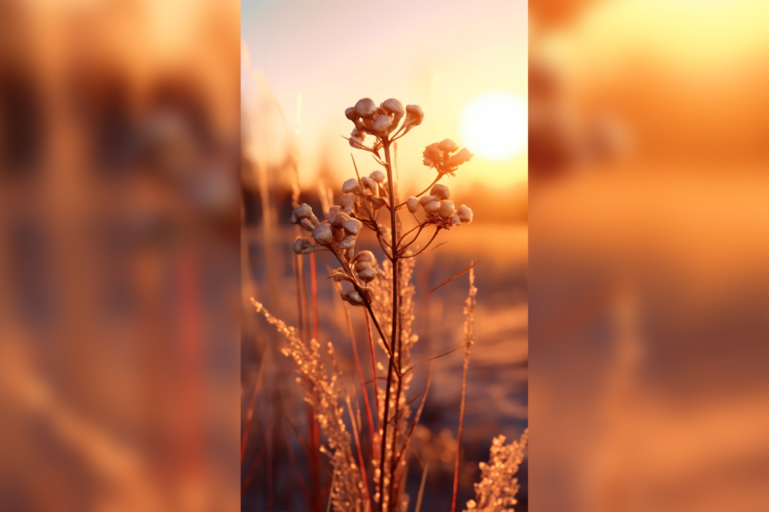 Sunny day of summer outdoor sunset behind brown dry plant 494