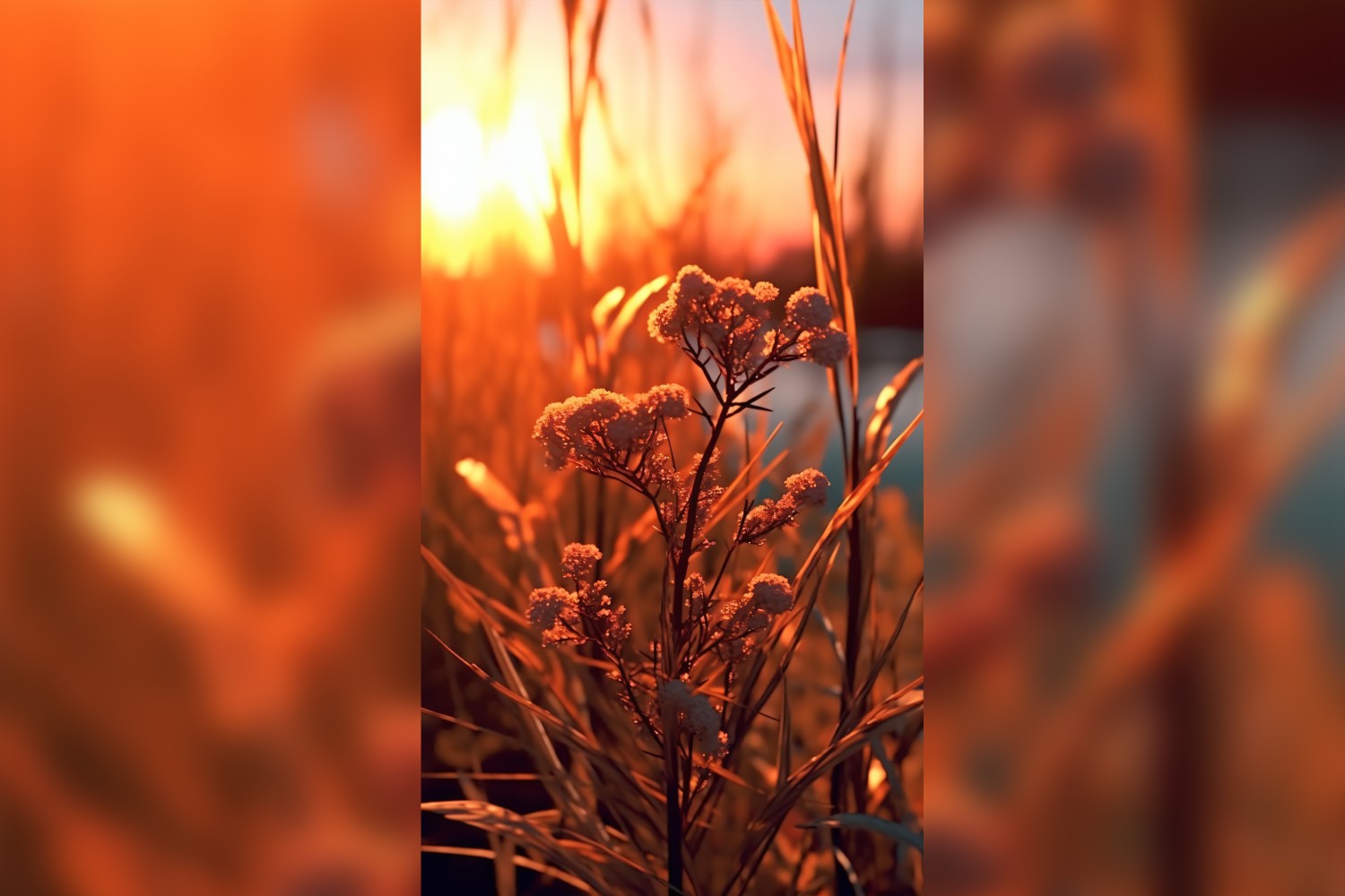 Sunny day of summer outdoor sunset behind brown dry plant 487