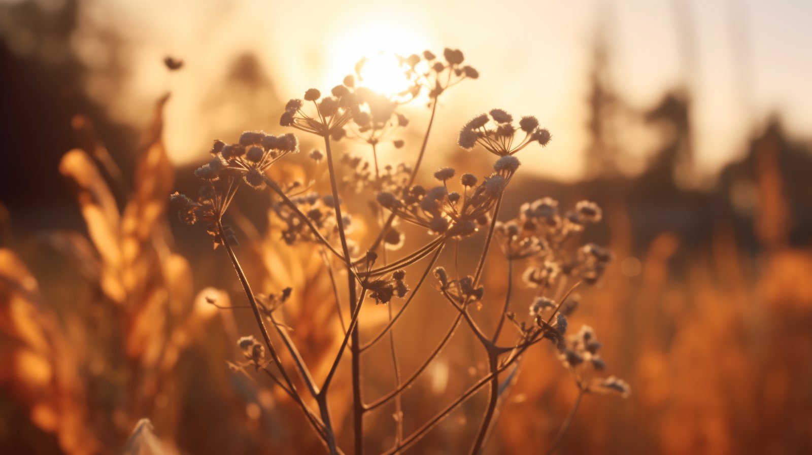 Sunny day of summer outdoor sunset behind brown dry plant 496