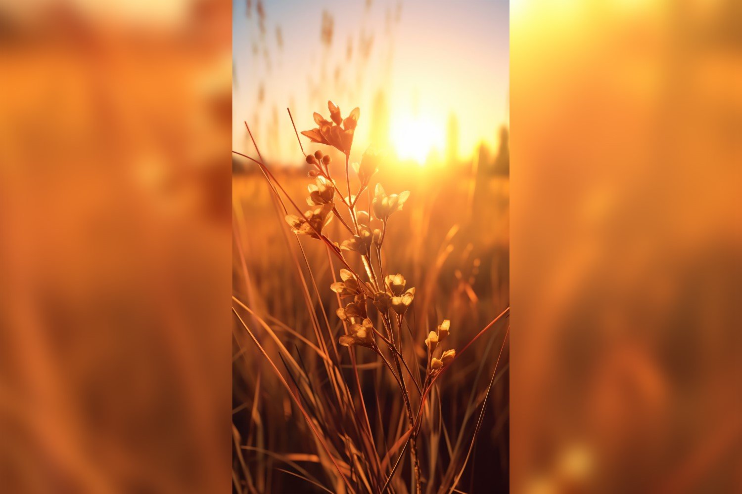 Sunny day of summer outdoor sunset behind brown dry plant 500