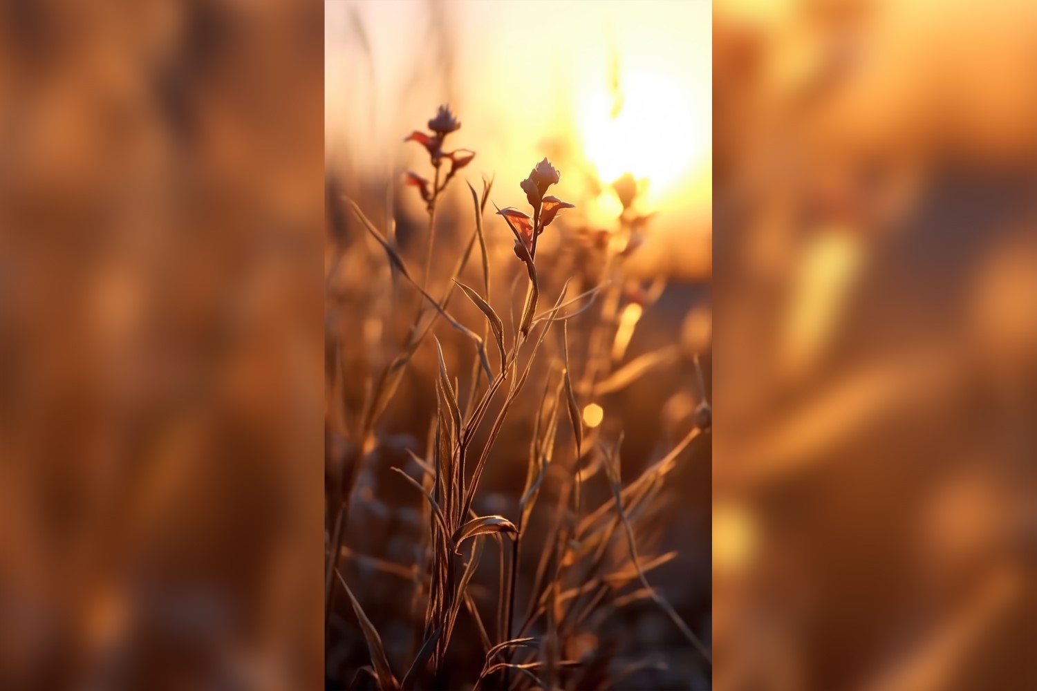 Sunny day of summer outdoor sunset behind brown dry plant 504