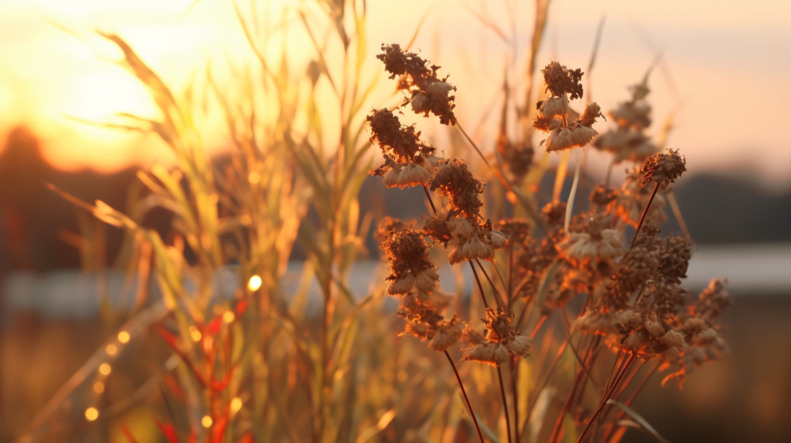 Sunny day of summer outdoor sunset behind brown dry plant 503