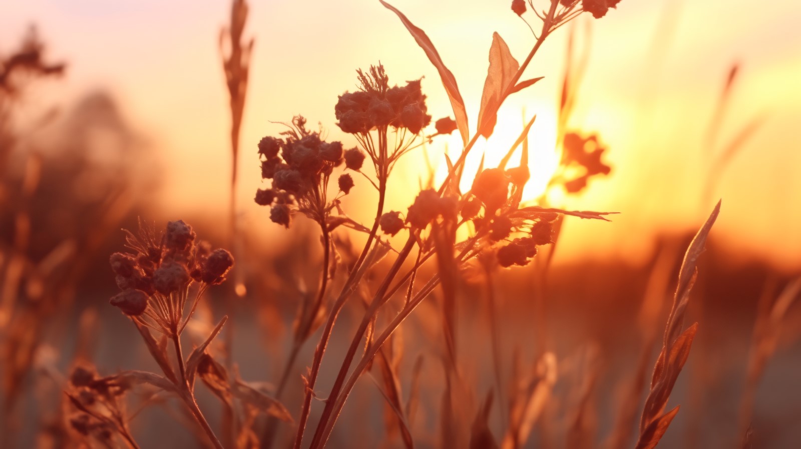 Sunny day of summer outdoor sunset behind brown dry plant 497