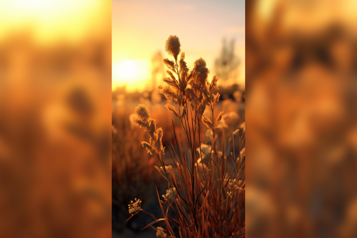 Sunny day of summer outdoor sunset behind brown dry plant 498