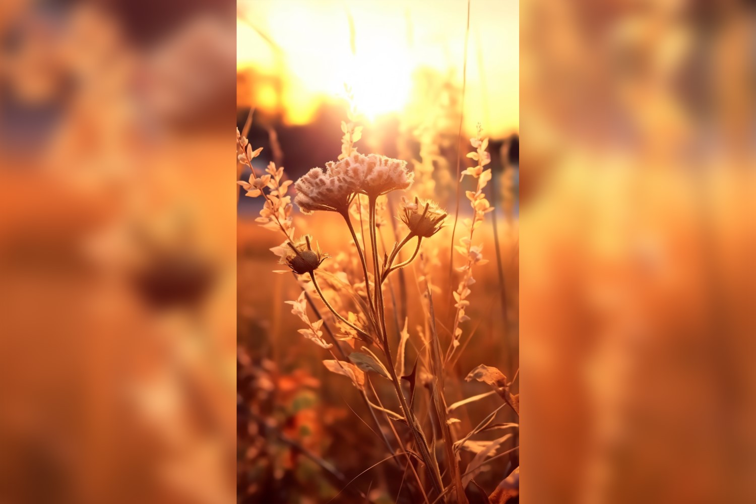 Sunny day of summer outdoor sunset behind brown dry plant 505