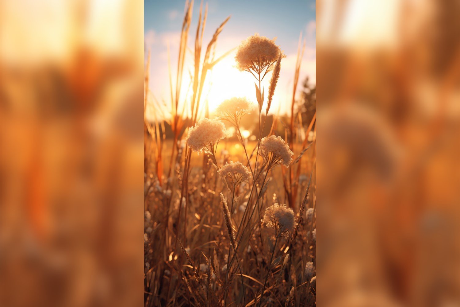 Sunny day of summer outdoor sunset behind brown dry plant 501