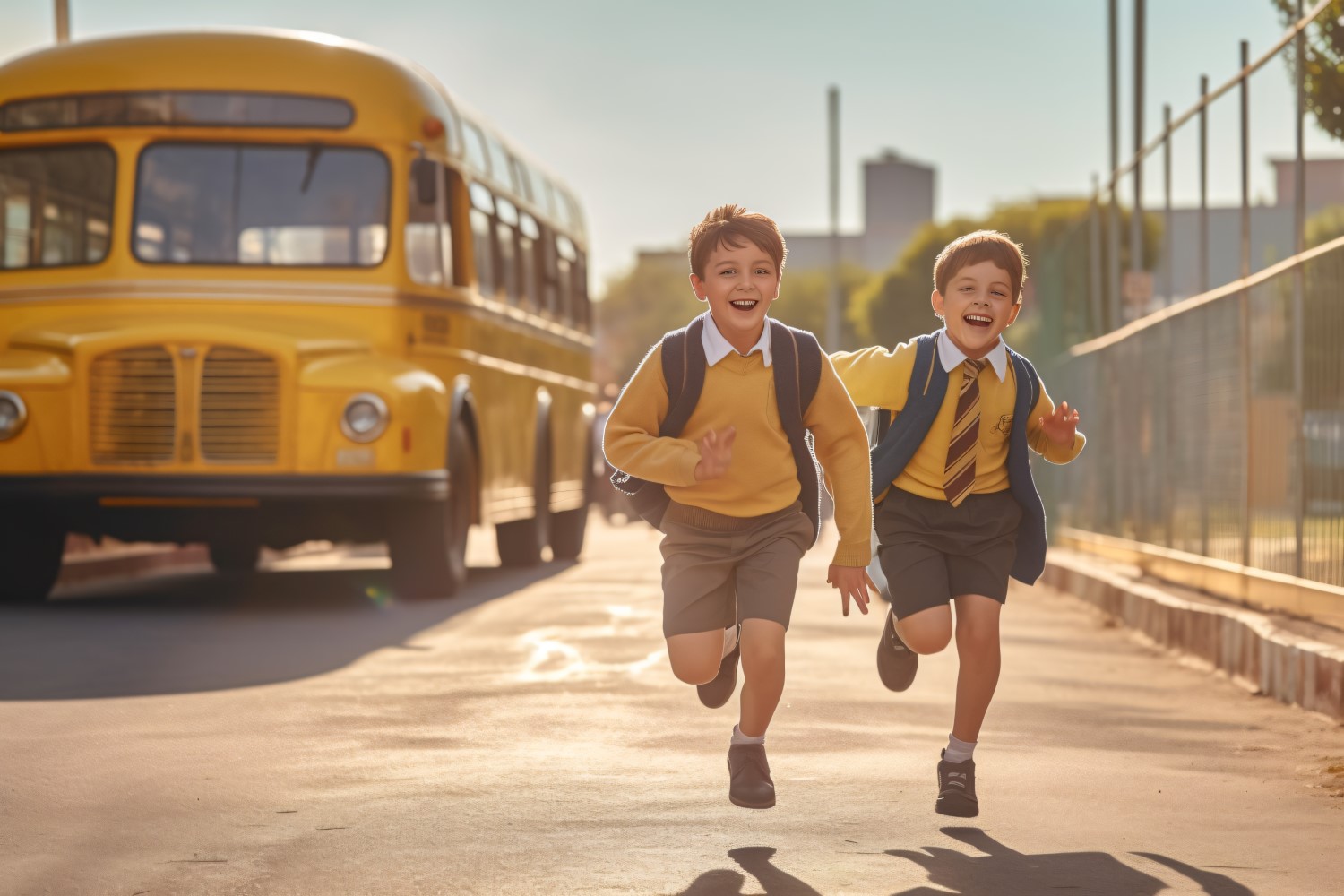 Kids running towards school, yellow bus behind the seen 295