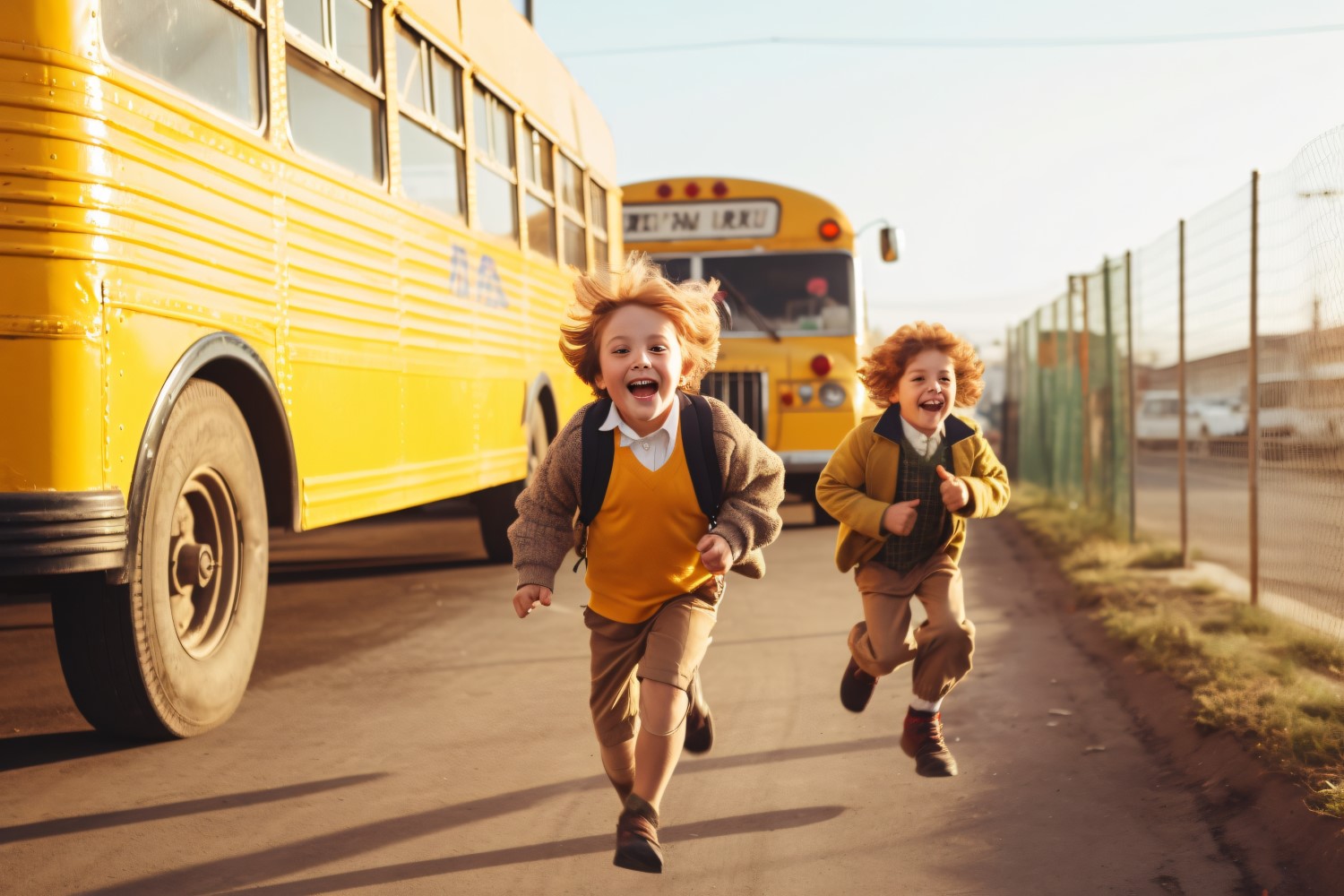 Kids running towards school, yellow bus behind the seen 297