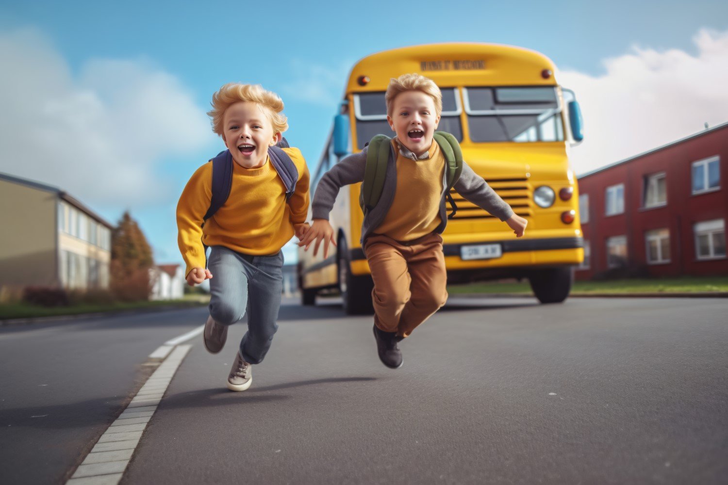 Kids running towards school, yellow bus behind the seen 298