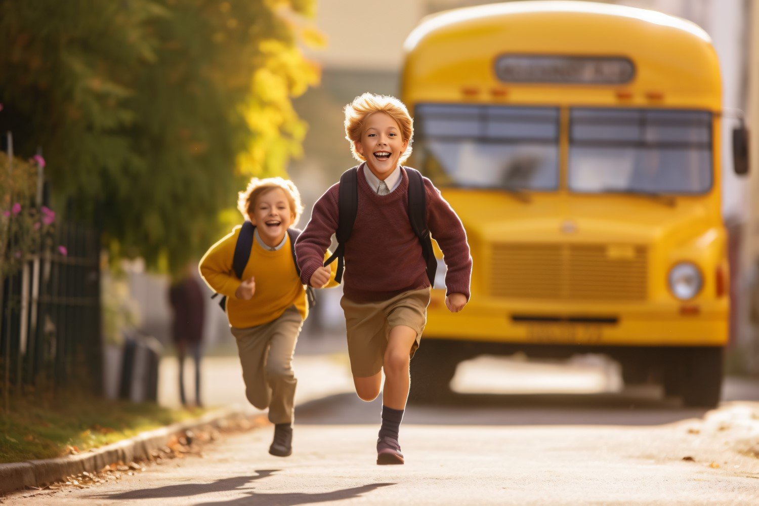 Kids running towards school, yellow bus behind the seen 299