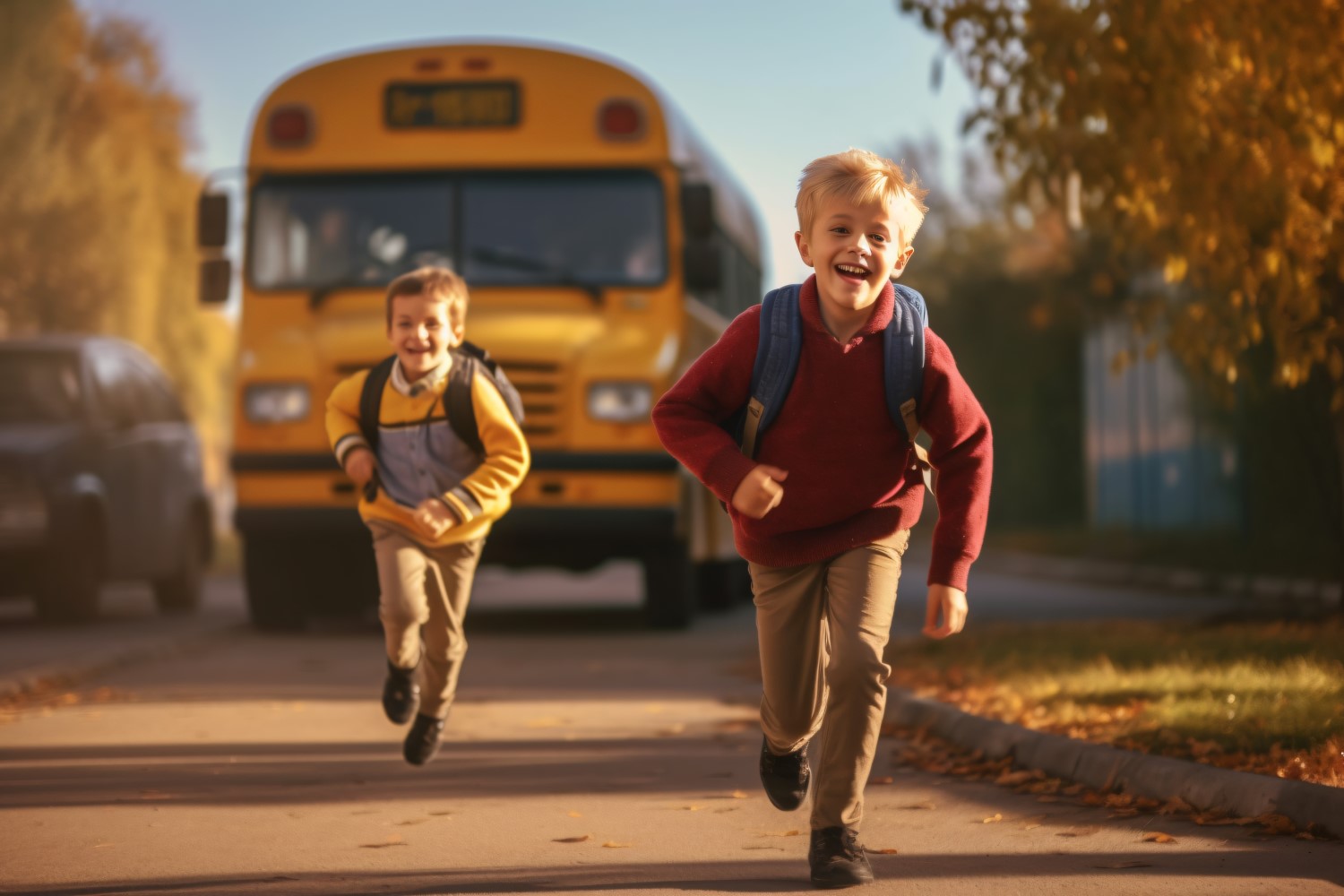 Kids running towards school, yellow bus behind the seen 300