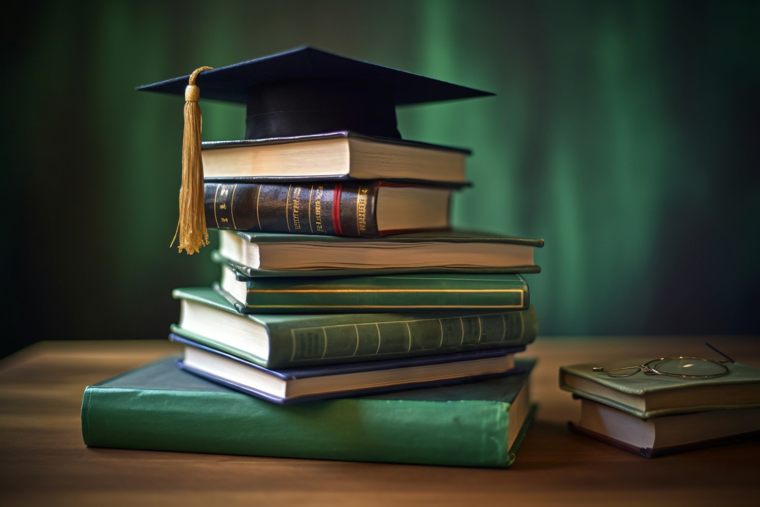 Stacked Books and Graduation Cap on top of that 9