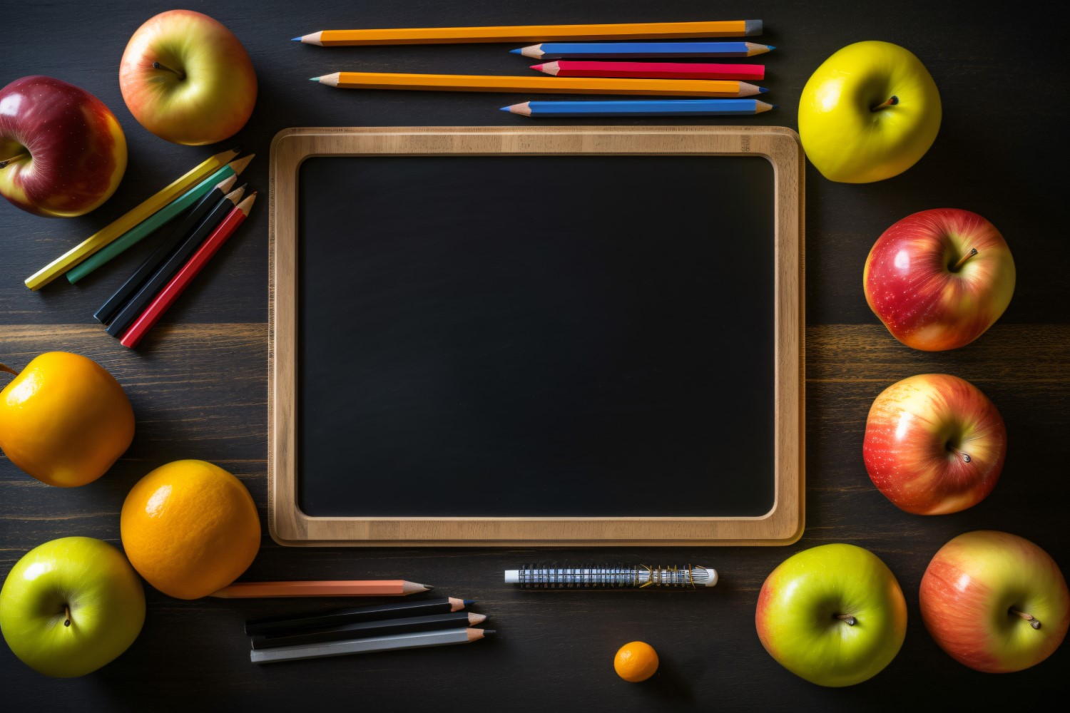 Top View Delight Chalkboard, Pencils, Crayons, apples 84