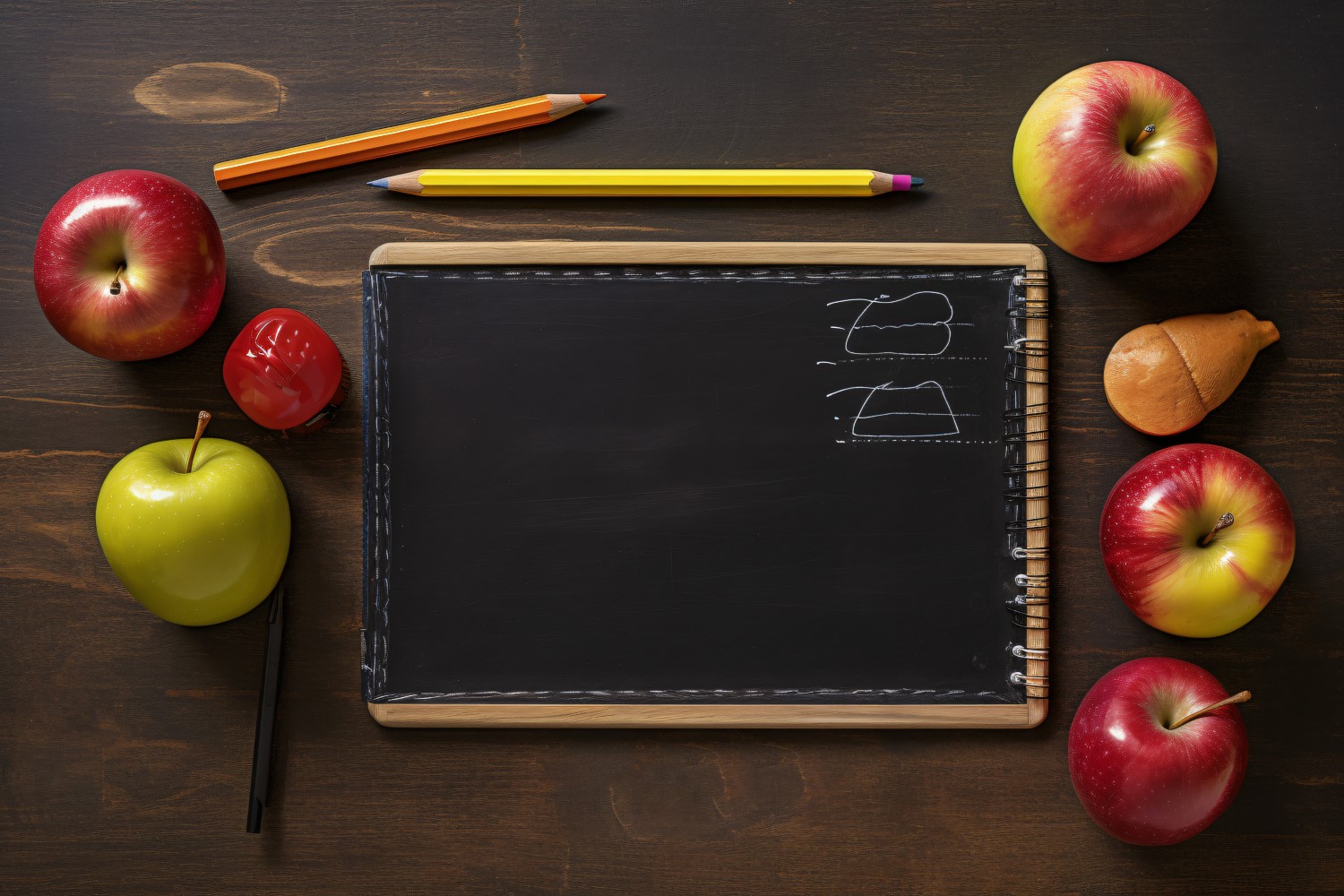 Top View Delight Chalkboard, Pencils, Crayons, apples 85