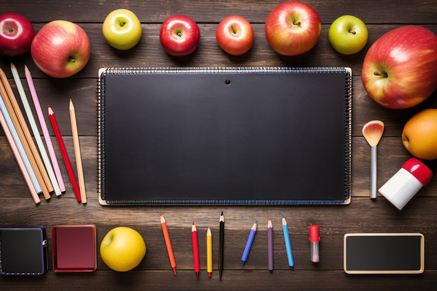 Top View Delight Chalkboard, Pencils, Crayons, apples 86