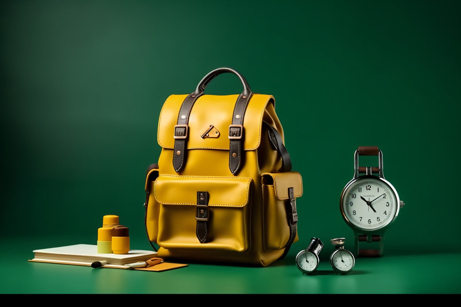 Yellow Backpack with a clock and school Supplies 160