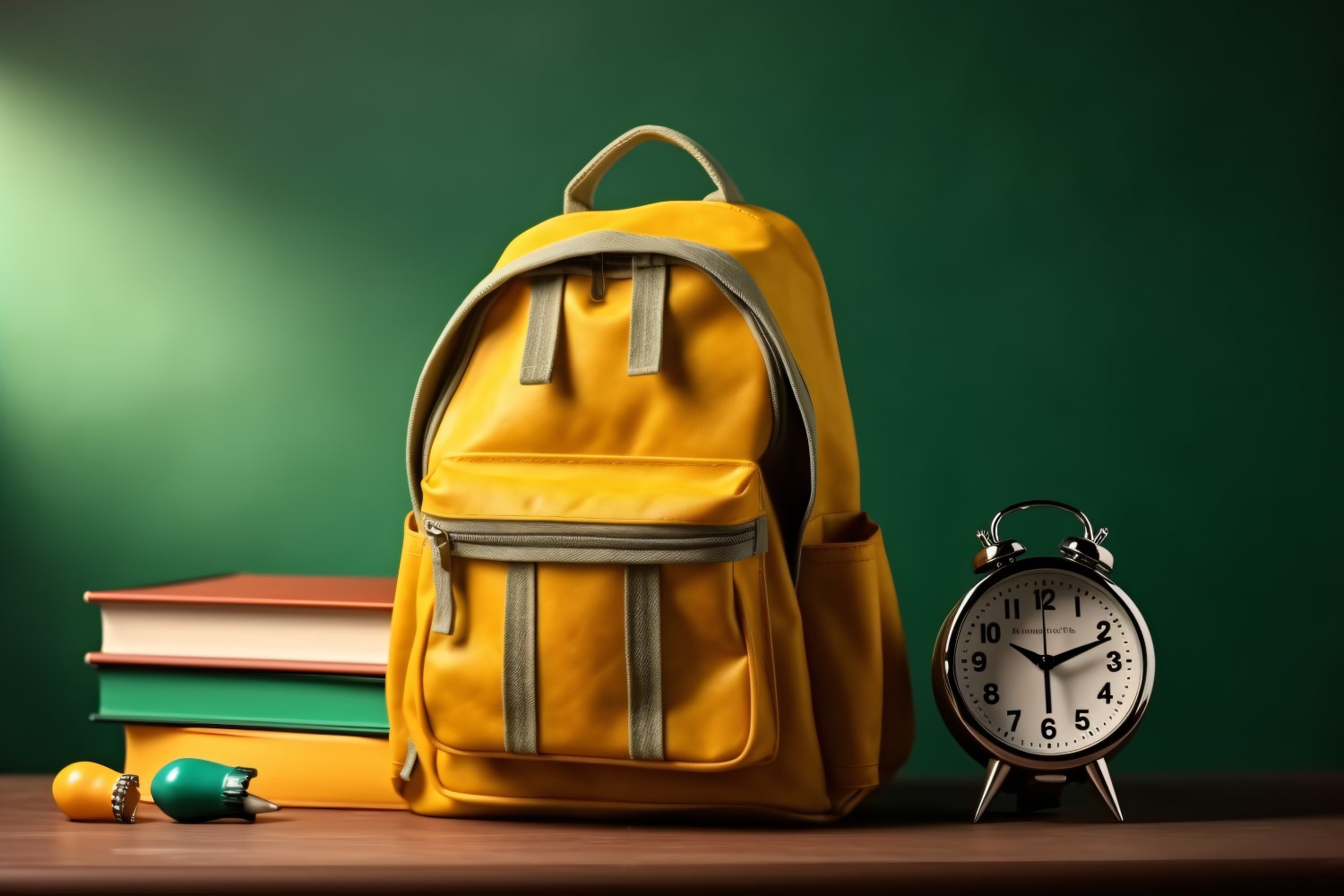 Yellow Backpack with a clock and school Supplies 162