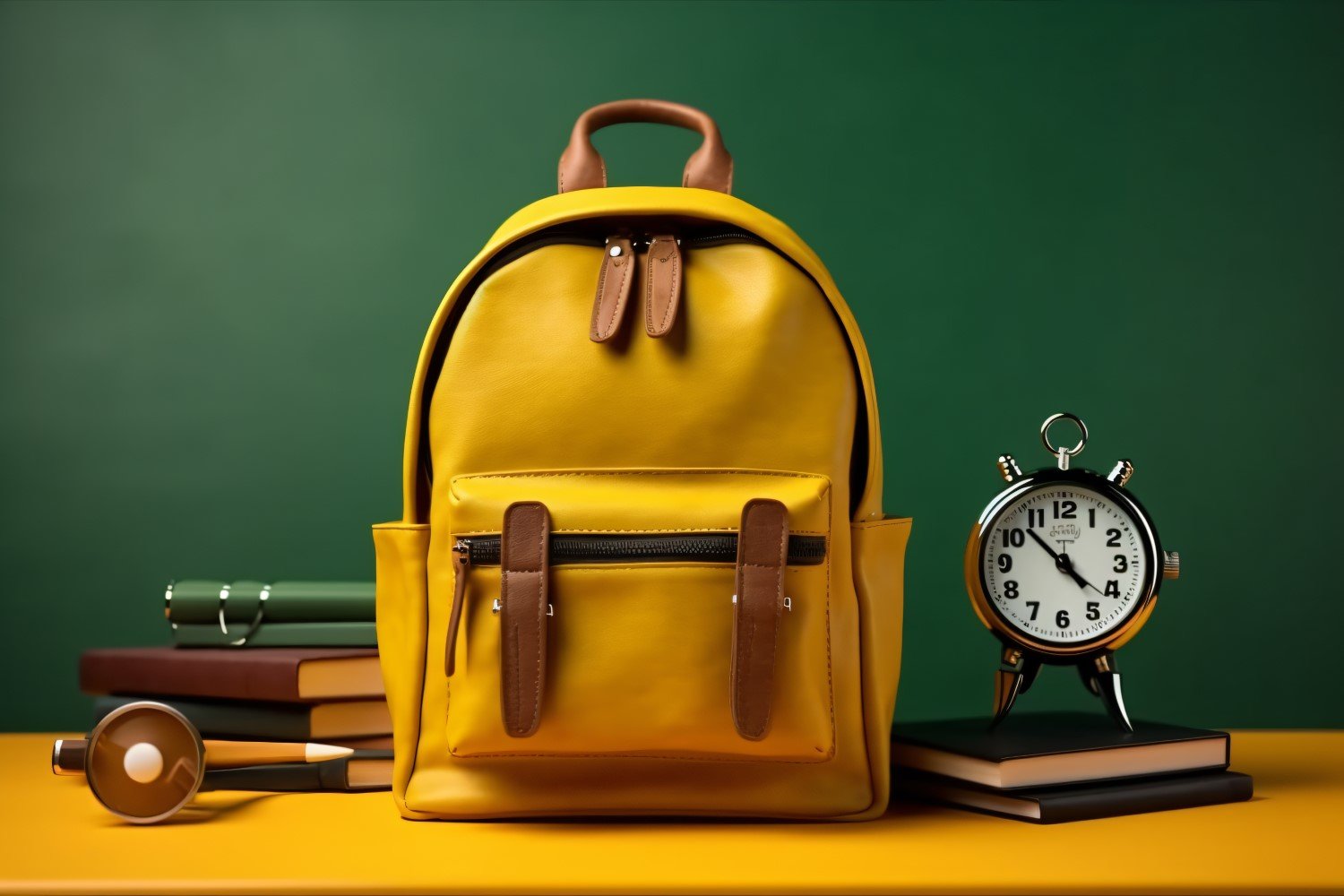 Yellow Backpack with a clock and school Supplies 163