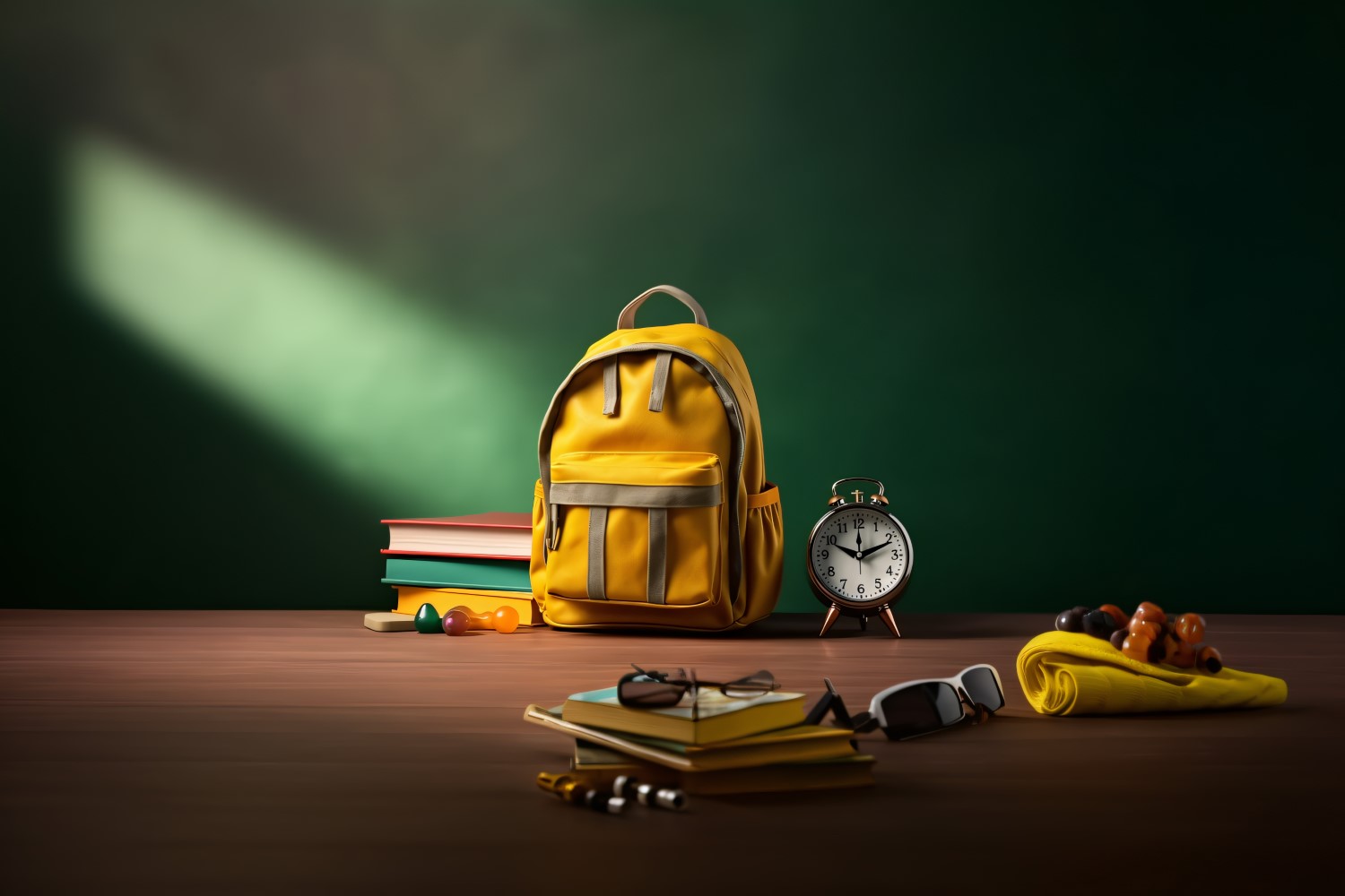 Yellow Backpack with a clock and school Supplies 161