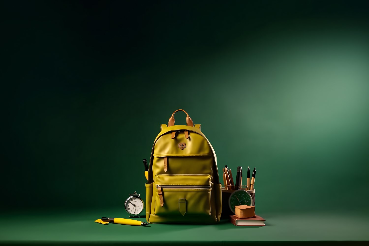 Yellow Backpack with a clock and school Supplies 164