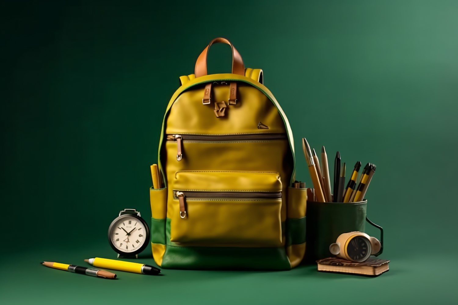 Yellow Backpack with a clock and school Supplies 171