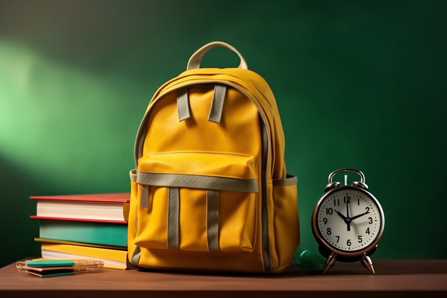 Yellow Backpack with a clock and school Supplies 169