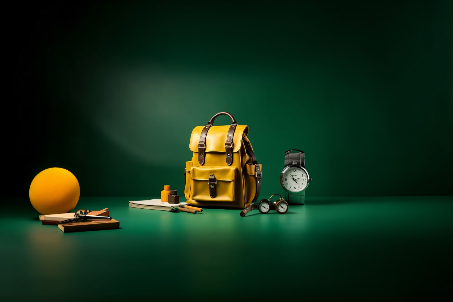 Yellow Backpack with a clock and school Supplies 165