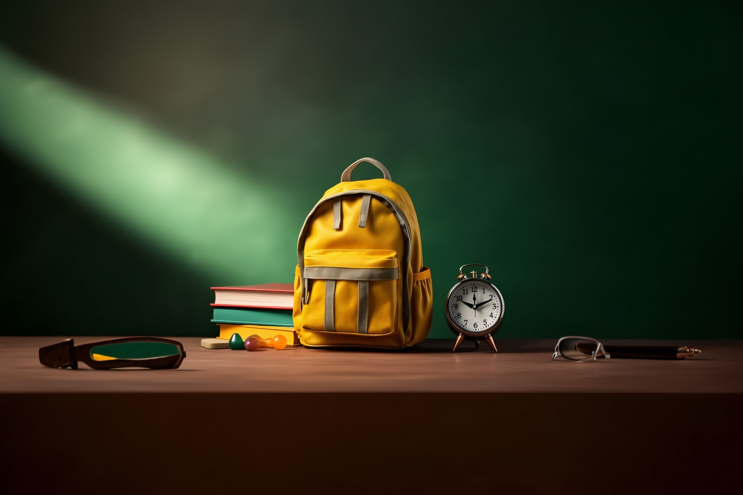 Yellow Backpack with a clock and school Supplies 167