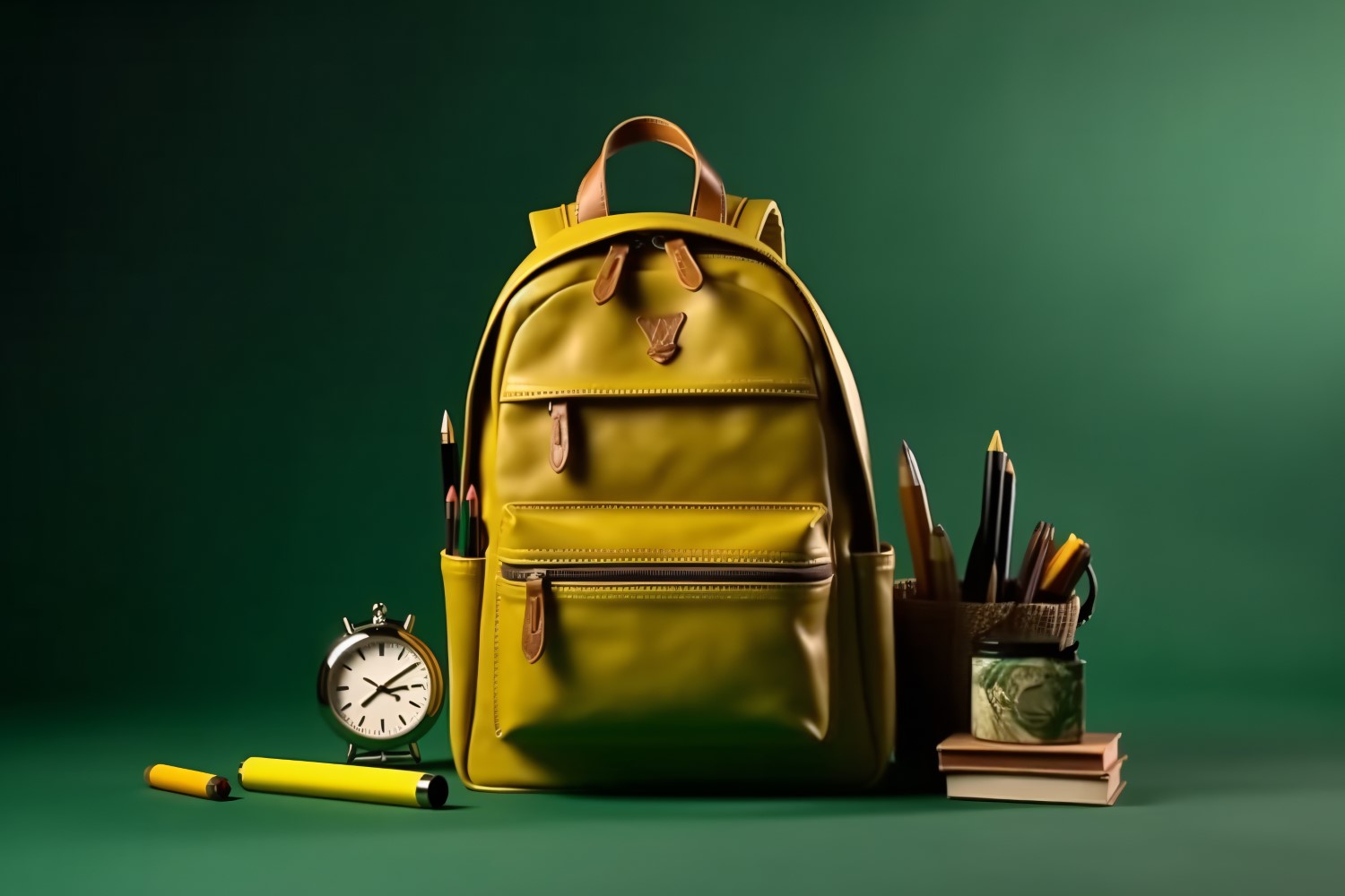 Yellow Backpack with a clock and school Supplies 168