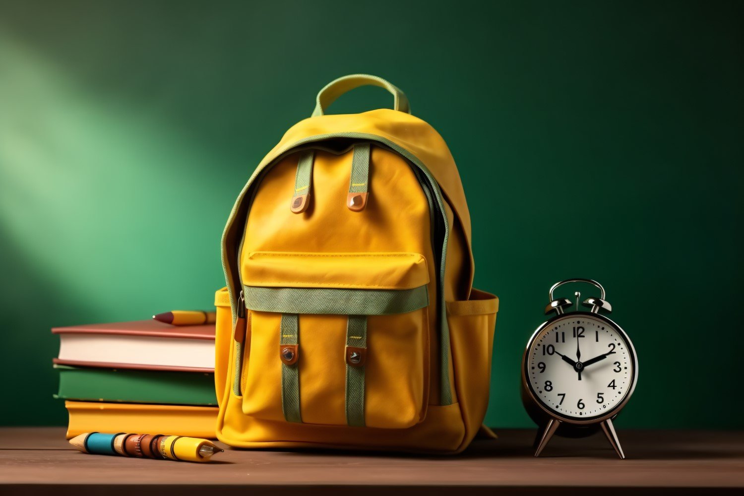 Yellow Backpack with a clock and school Supplies 172