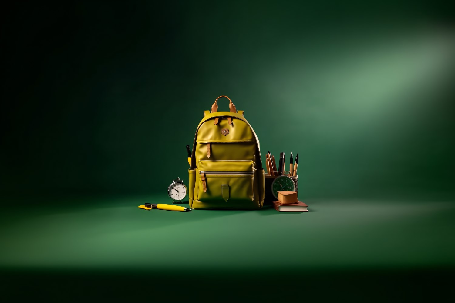 Yellow Backpack with a clock and school Supplies 170