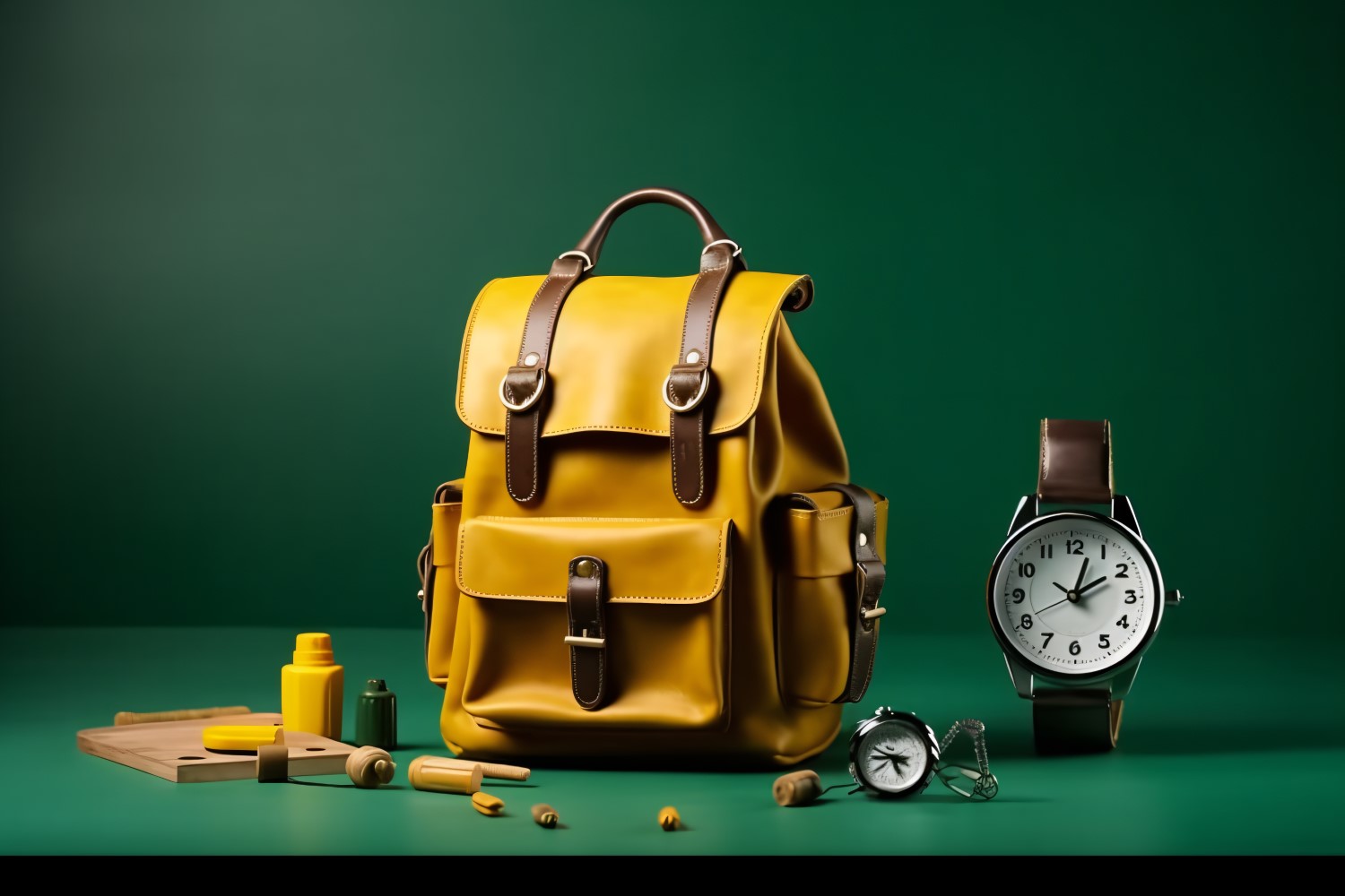 Yellow Backpack with a clock and school Supplies 174