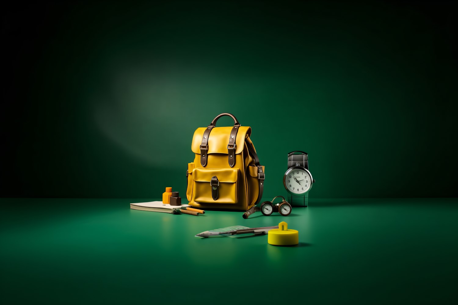 Yellow Backpack with a clock and school Supplies 175