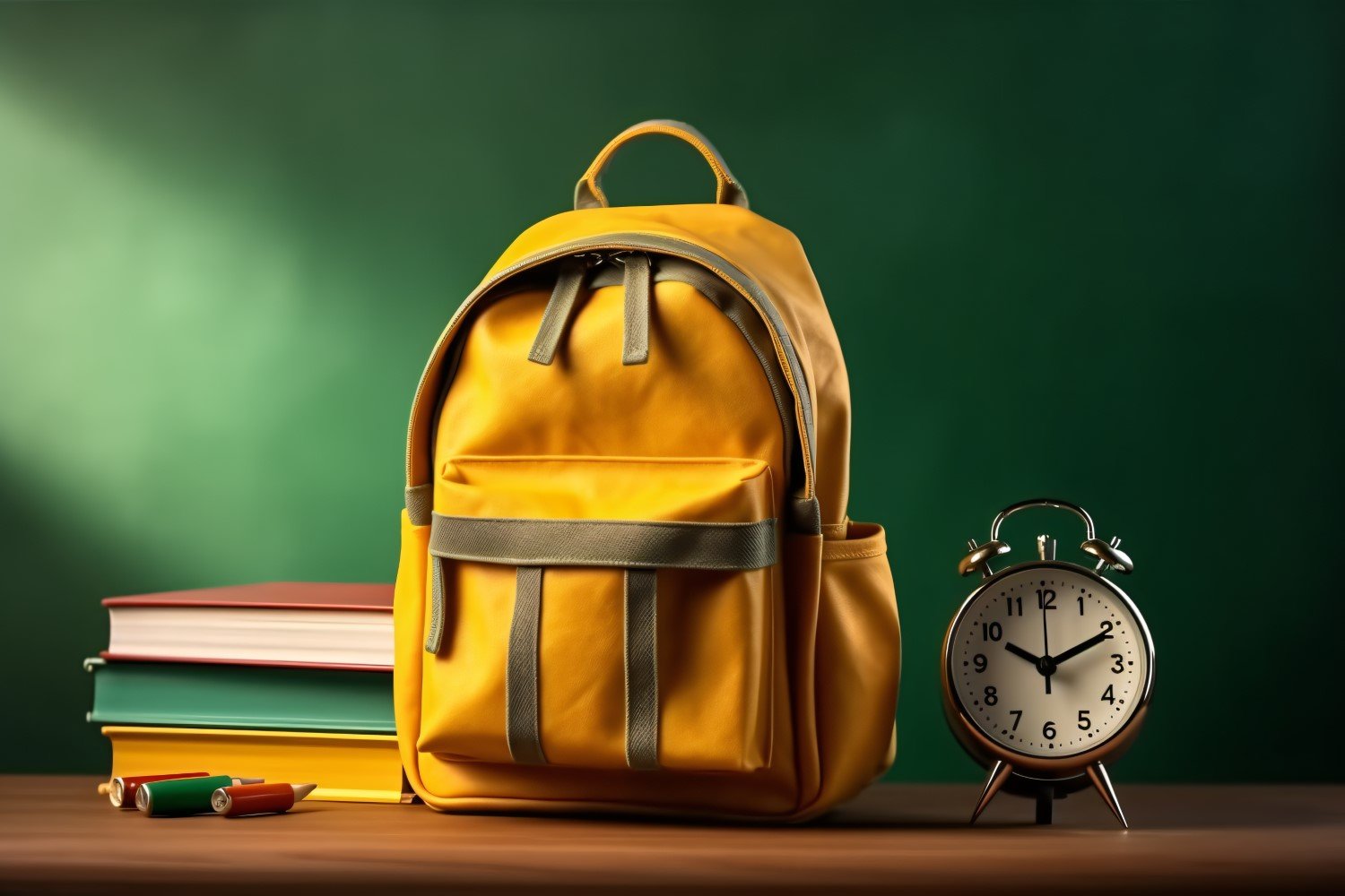 Yellow Backpack with a clock and school Supplies 176